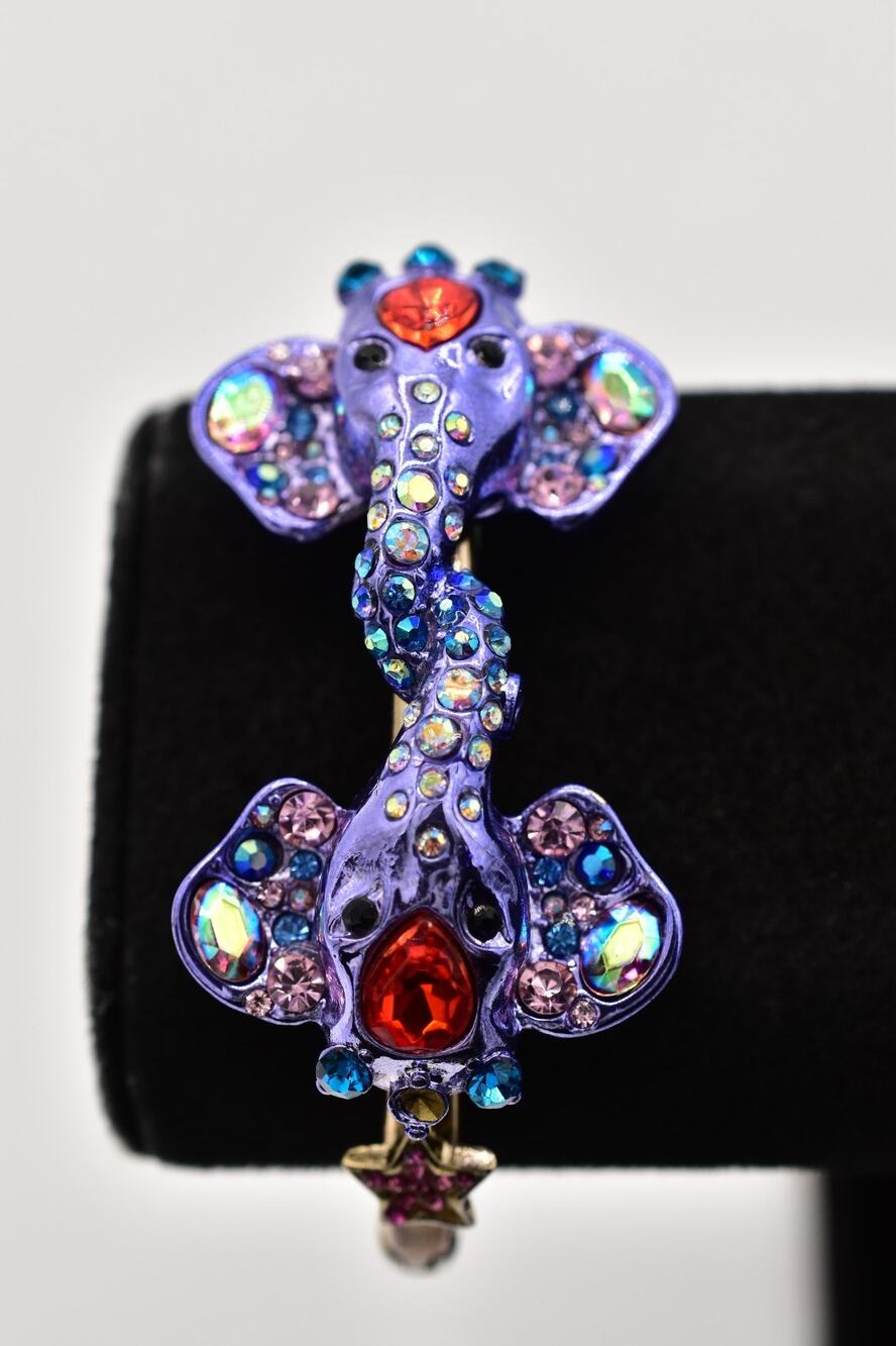 Betsey Johnson Purple Elephant Rhinestone Hinged Bangle Bracelet Y2K Signed BinD